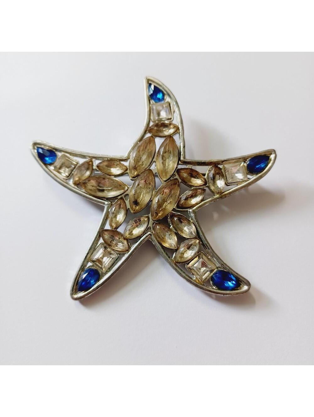 Starfish Sea Star Clear Rhinestone Tipped Blue Rhinestone Pin Brooch